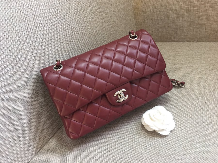 Medium Classic Flap Lambskin Bag AO1112 Dark Red/Silver